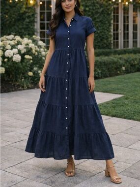 Max Studio Navy Button-Front Tiered Maxi Dress